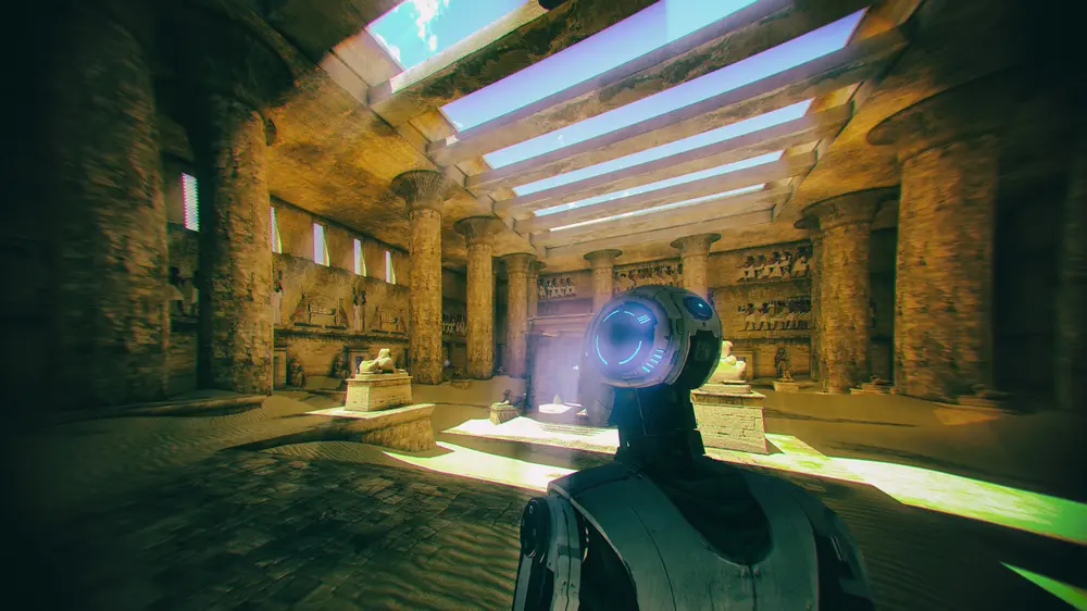 Curious pic of a robot exploring inside an Egyptian temple or other such ruin. Downloaded from Wallhaven. Author and rights unknown - please get in touch for crediting, or if there's any issue.