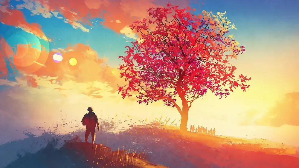 A human contemplates a tree - bright pastel shades. Downloaded from Wallhaven. Author and rights unknown - please get in touch for crediting, or if there's any issue.