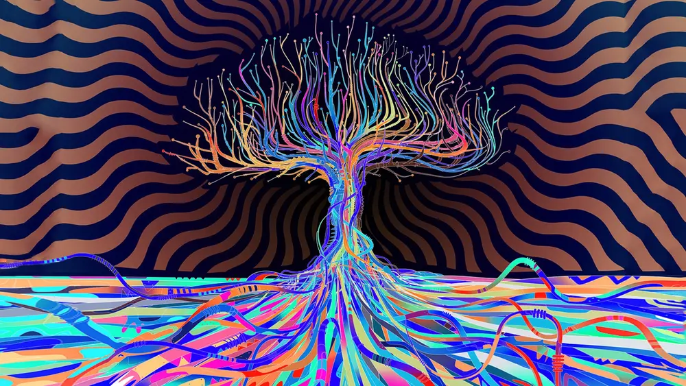 Abstract fantasy art - a fibreoptic mushroom. Downloaded from Wallhaven. Author and rights unknown - please get in touch for crediting, or if there's any issue.