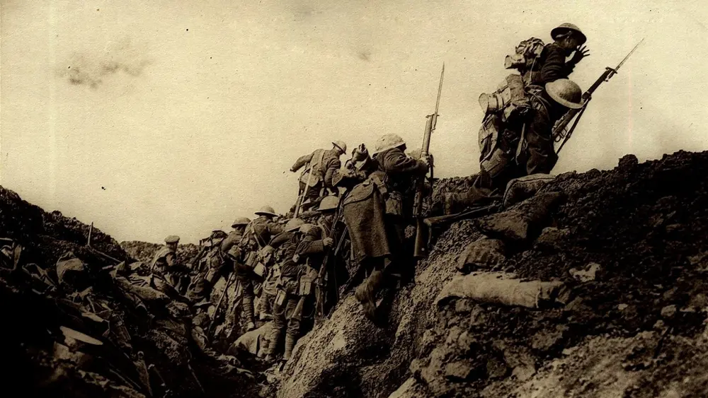 WW1 - soldiers going over the top. Downloaded from Wallhaven. Author and rights unknown - please get in touch for crediting, or if there's any issue.