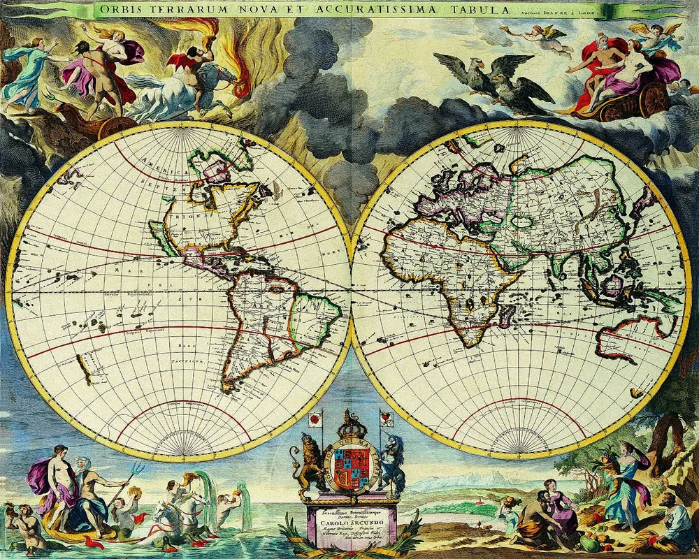 A world map, from the 17th century. Downloaded from Wallhaven. Author and rights unknown - please get in touch for crediting, or if there's any issue.