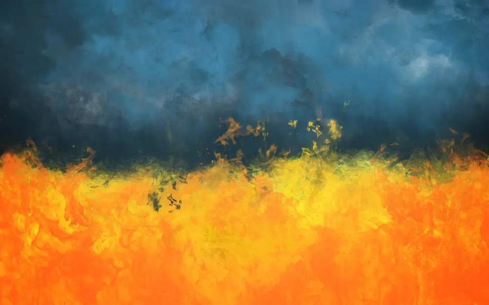 Ukrainian flag as a wheatfield on fire. Downloaded from Wallhaven. Rights unknown - please get in touch for crediting, or if there's any issue.