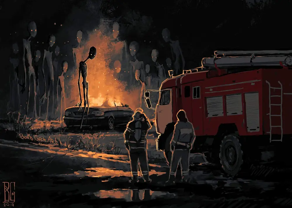 Scifi fantasy art - the fire brigade encounter alien visitors. Downloaded from Wallhaven. Author and rights unknown - please get in touch for crediting, or if there's any issue.