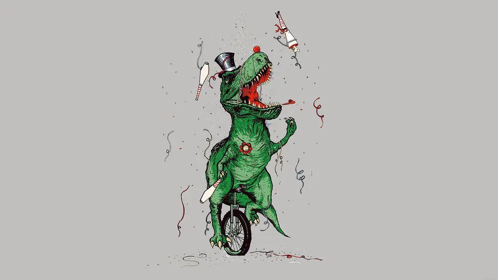 Fantasy art - a dinosaur juggling on a unicycle. Downloaded from Wallhaven. Author and rights unknown - please get in touch for crediting, or if there's any issue.