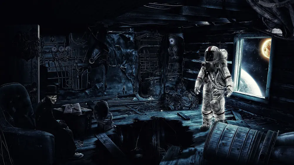 Scifi fantasy art - an astronaut explores a haunted space station. Downloaded from Wallhaven. Author and rights unknown - please get in touch for crediting, or if there's any issue.