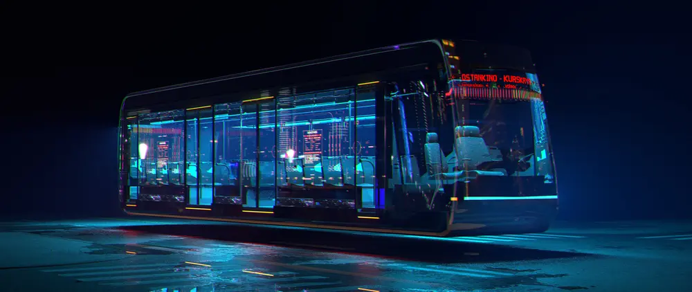 Fantasy design - a floating (maglev?) bus. Downloaded from Wallhaven. Author and rights unknown - please get in touch for crediting, or if there's any issue.