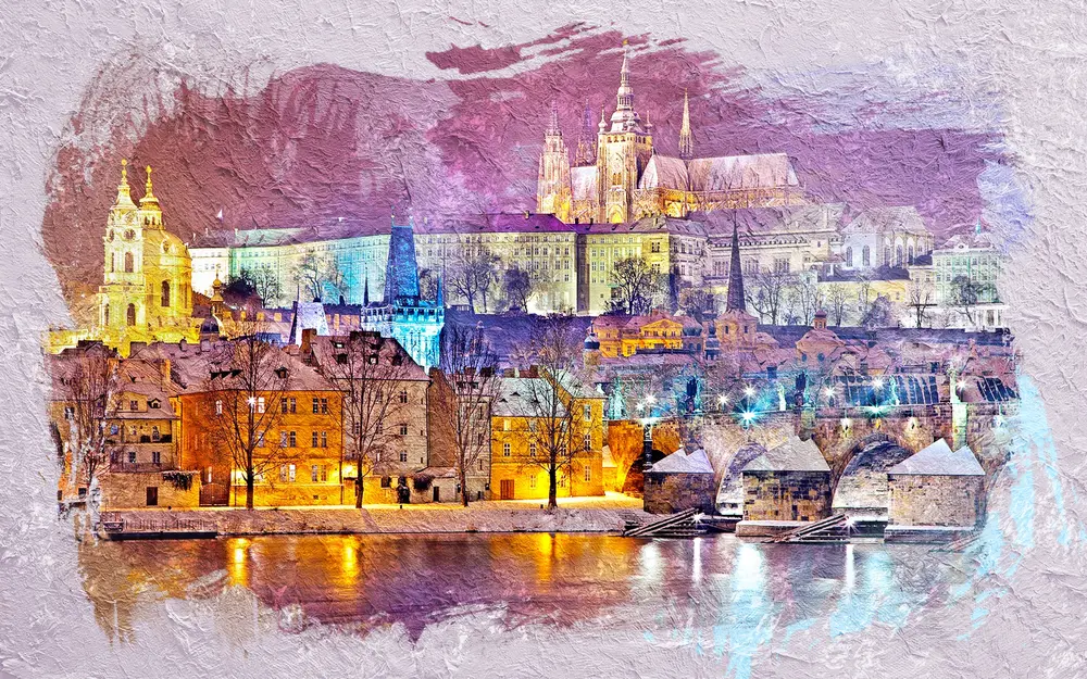 Prague Castle - not sure if this is a painting or computer art. Downloaded from Wallhaven. Author and rights unknown - please get in touch for crediting, or if there's any issue.