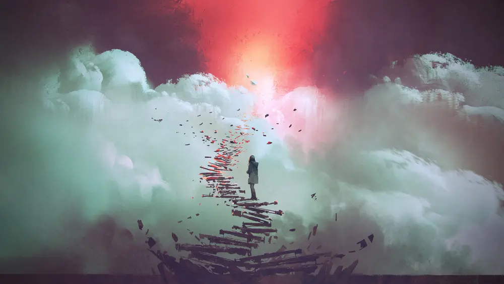 Fantasy art - a stairway to the clouds. Downloaded from Wallhaven. Author and rights unknown - please get in touch for crediting, or if there's any issue.