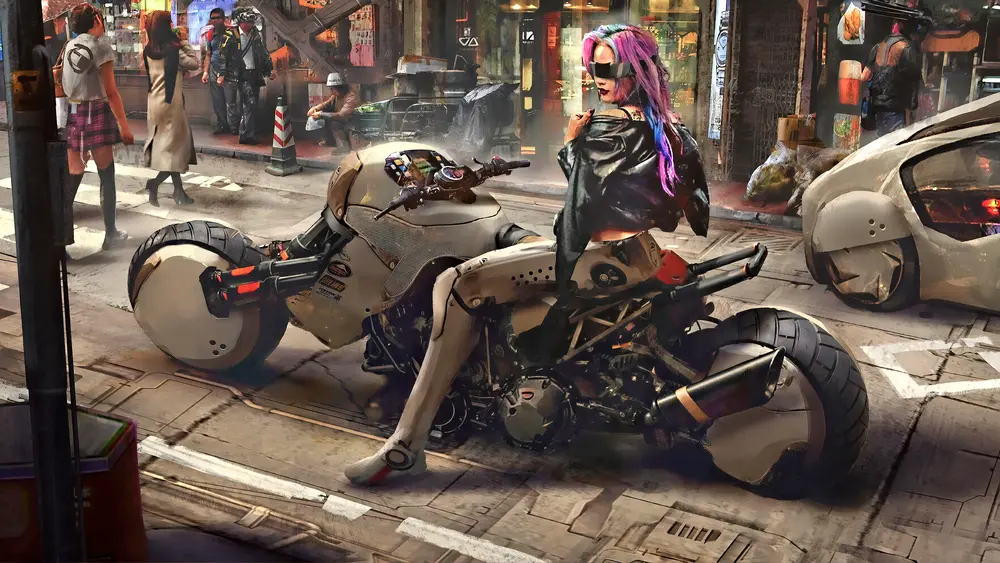 Scifi fantasy art - a cyborg on a spacebike. Downloaded from Wallhaven. Author and rights unknown - please get in touch for crediting, or if there's any issue.