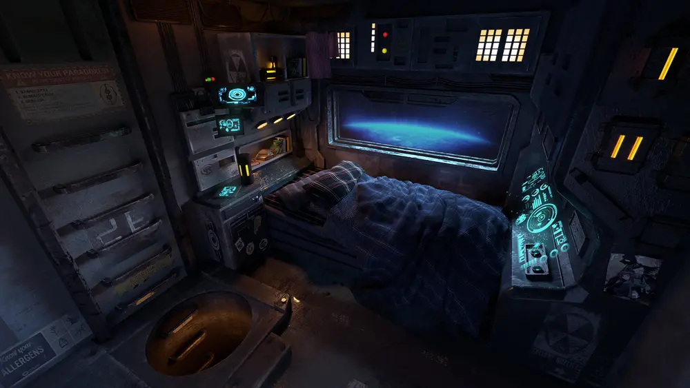 Scifi fantasy art - an empty cabin on a spaceship. Downloaded from Wallhaven. Author and rights unknown - please get in touch for crediting, or if there's any issue.