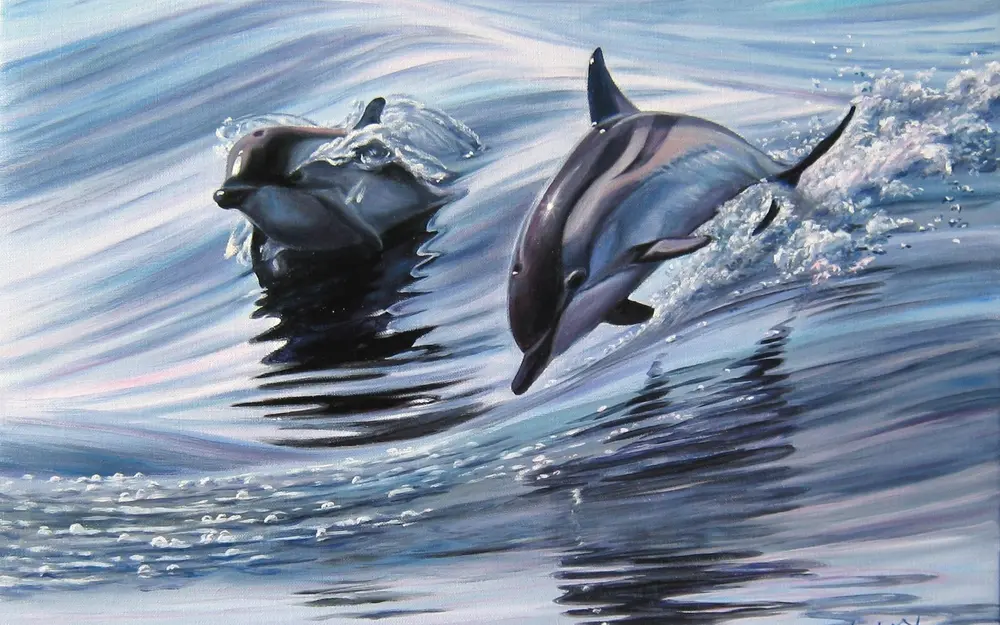 Dolphins riding a wave. Downloaded from Wallhaven. Author and rights unknown - please get in touch for crediting, or if there's any issue.