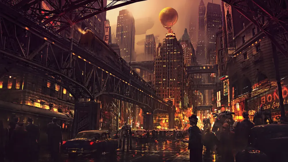 Fantasy art (????) A busy city scene, including aliens. Downloaded from Wallhaven. Author and rights unknown - please get in touch for crediting, or if there's any issue.