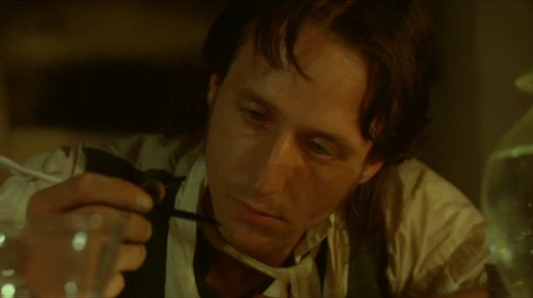 Linux Roache as Coleridge, scribbling with a quill