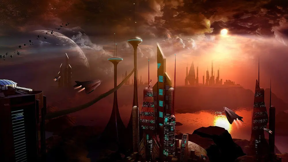 Scifi fantasy art - a futuristic cityscape. Downloaded from Wallhaven. Author and rights unknown - please get in touch for crediting, or if there's any issue.