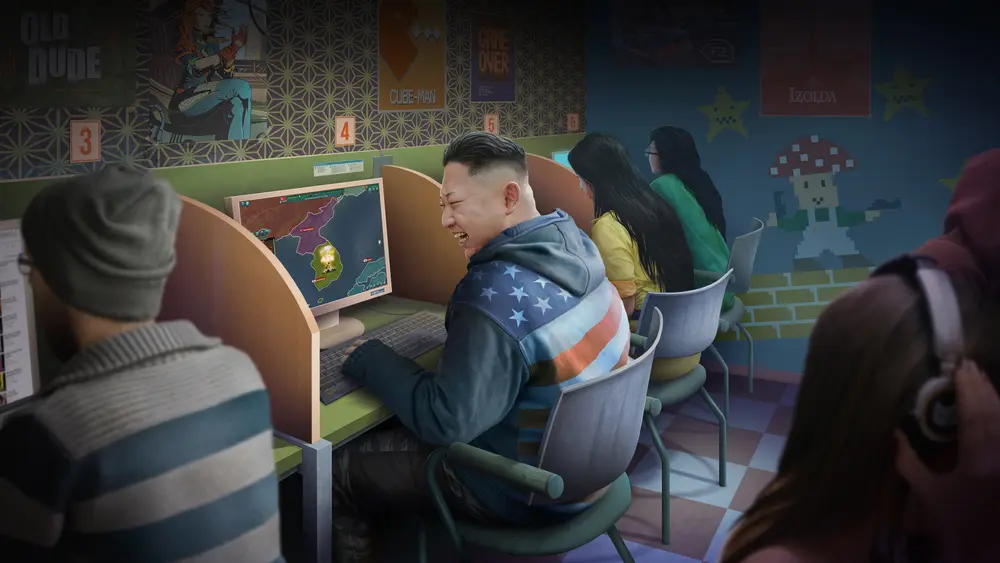 Fantasy art - Kim Jong Un plays war games in an internet cafe. Downloaded from Wallhaven. Author and rights unknown - please get in touch for crediting, or if there's any issue.