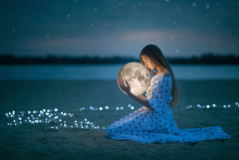 Fantasy Photoshop - A young woman holds the moon. Downloaded from Wallhaven. Author and rights unknown - please get in touch for crediting, or if there's any issue.