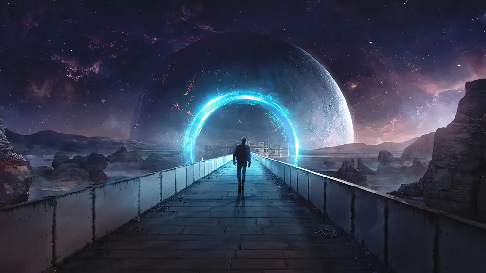 Fantasy art - a man on a path towards enlightenment (??) Downloaded from Wallhaven. Author and rights unknown - please get in touch for crediting, or if there's any issue.