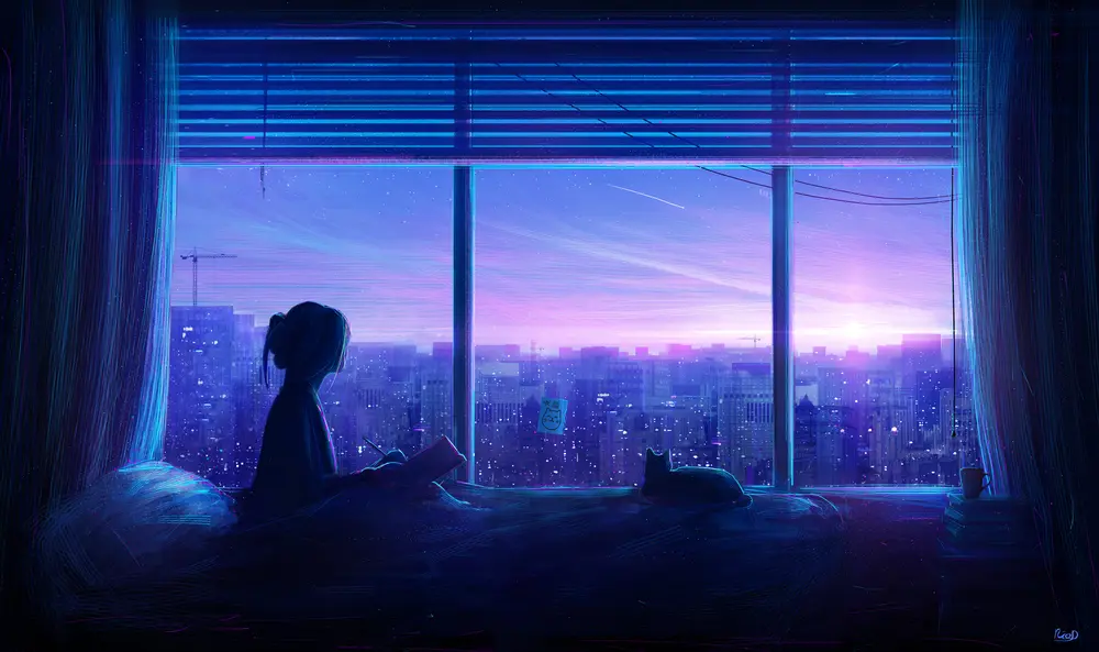 Manga style art - a girl looks out over a modern cityscape. Downloaded from Wallhaven. Author and rights unknown - please get in touch for crediting, or if there's any issue.