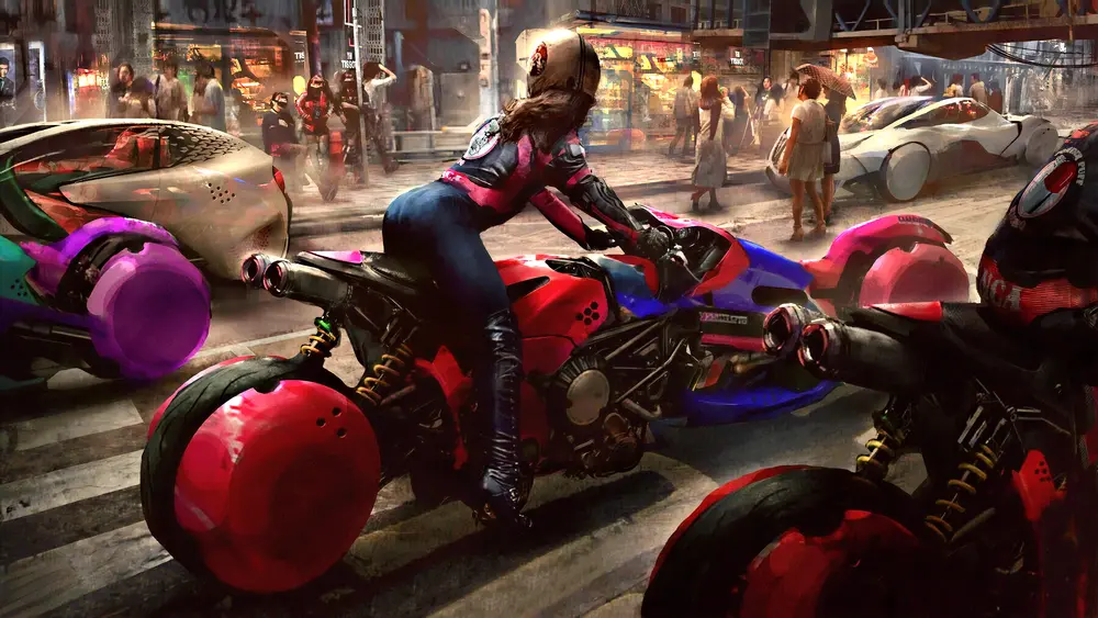 Scifi fantasy art - girl on a spacebike. Downloaded from Wallhaven. Author and rights unknown - please get in touch for crediting, or if there's any issue.